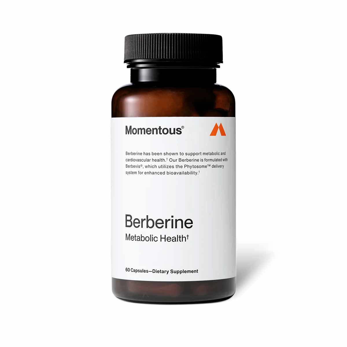 Dark amber bottle with black screw cap labeled "Momentous Berberine Metabolic Health," 60 capsules, dietary supplement.