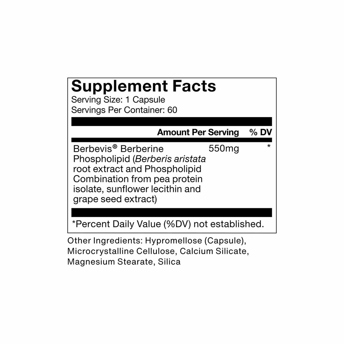 Supplement Facts label for Berberine capsules showing 550mg per serving with 60 servings per container.