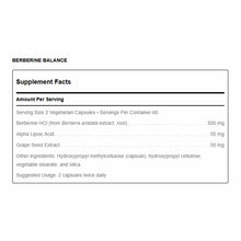 Berberine Balance supplement facts label showing 60 vegetarian capsules with berberine HCl, alpha lipoic acid, and grape seed