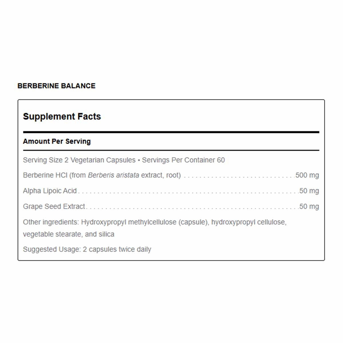 Berberine Balance supplement facts label showing 60 vegetarian capsules with berberine HCl, alpha lipoic acid, and grape seed