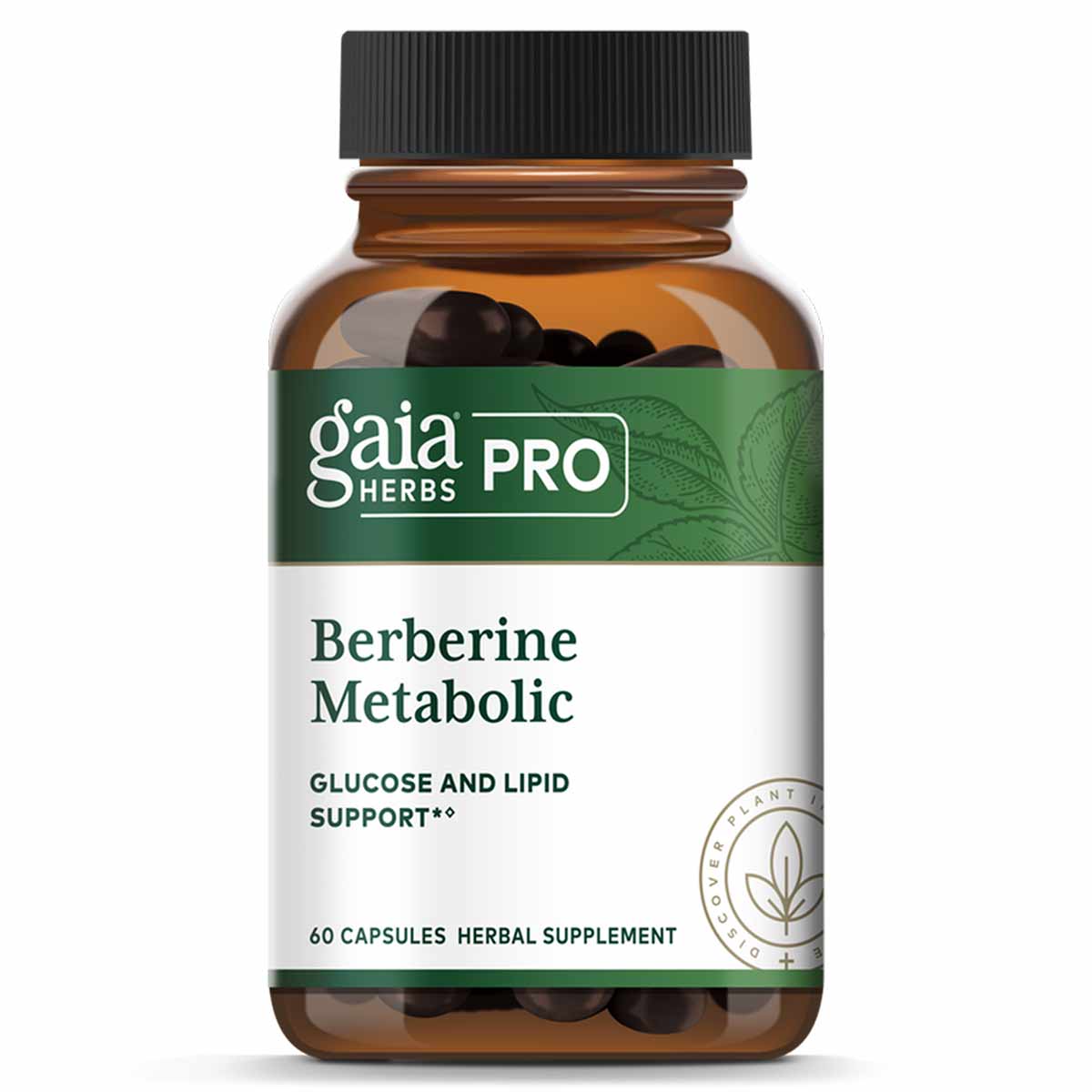 Gaia Herbs Pro Berberine Metabolic herbal supplement bottle with black cap containing 60 dark capsules.
