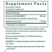 Supplement Facts label showing serving size of 1 capsule with 500mg Berberine HCl and 50mg organic cinnamon bark per serving.