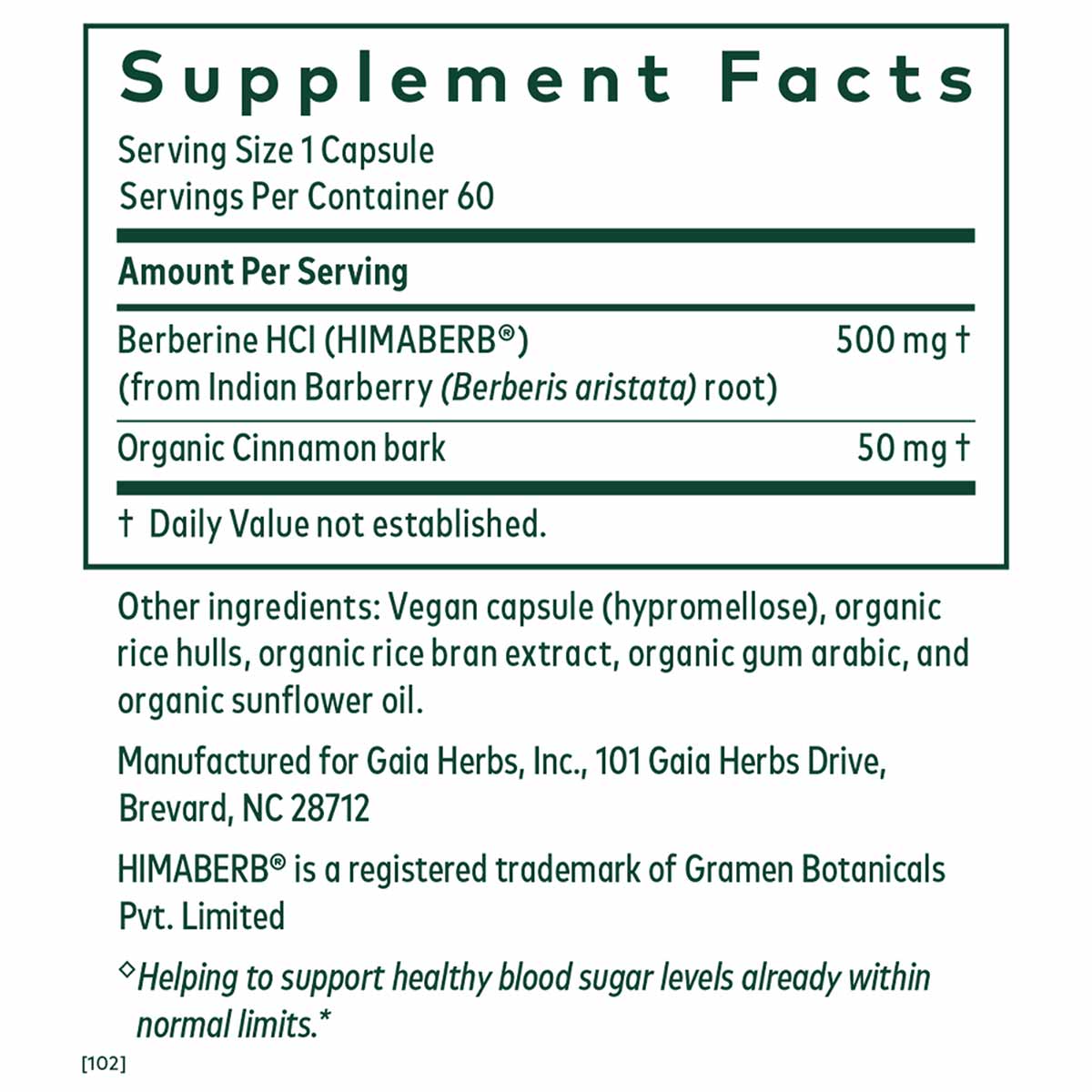 Supplement Facts label showing serving size of 1 capsule with 500mg Berberine HCl and 50mg organic cinnamon bark per serving.