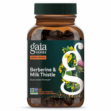 Amber glass bottle of Gaia Herbs Berberine & Milk Thistle supplement with green cap, containing 60 vegan capsules.