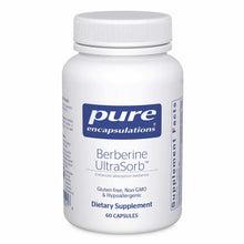 White plastic bottle with white screw cap containing 60 capsules of Berberine UltraSorb by Pure Encapsulations.