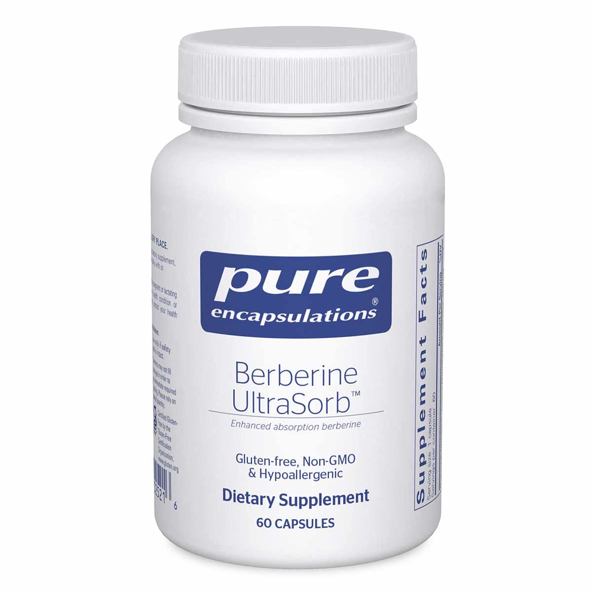 White plastic bottle with white screw cap containing 60 capsules of Berberine UltraSorb by Pure Encapsulations.