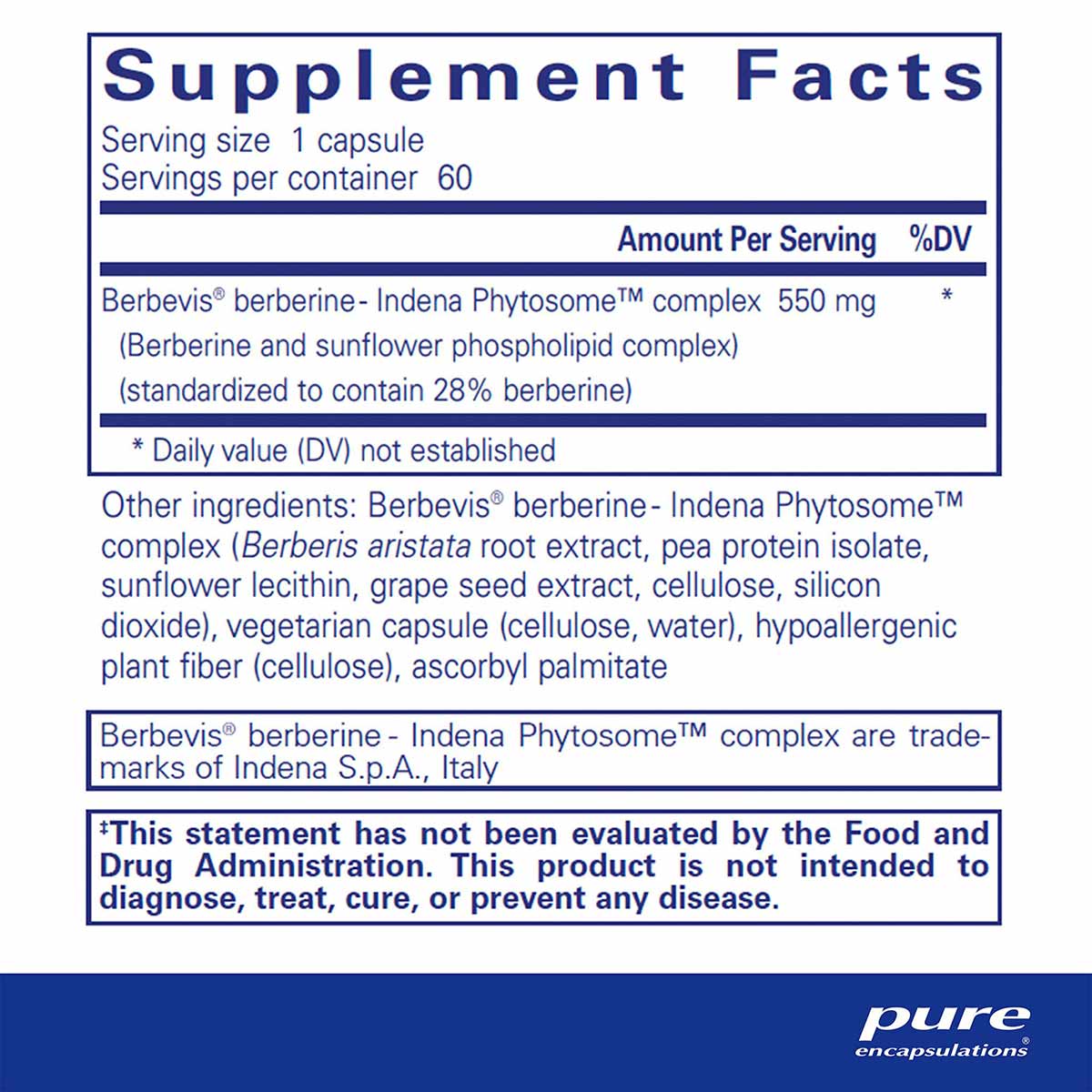 Supplement Facts label for Berberine UltraSorb showing serving size, ingredients, and dosage information.