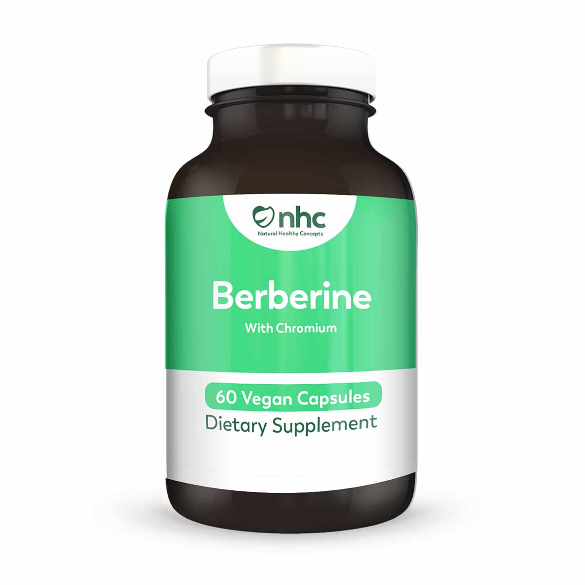 Dark glass bottle with white cap containing 60 vegan capsules of Berberine with Chromium dietary supplement by Natural Health