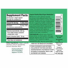 Supplement label for berberine with chromium vegan capsules showing ingredient list, nutrition facts, and product information