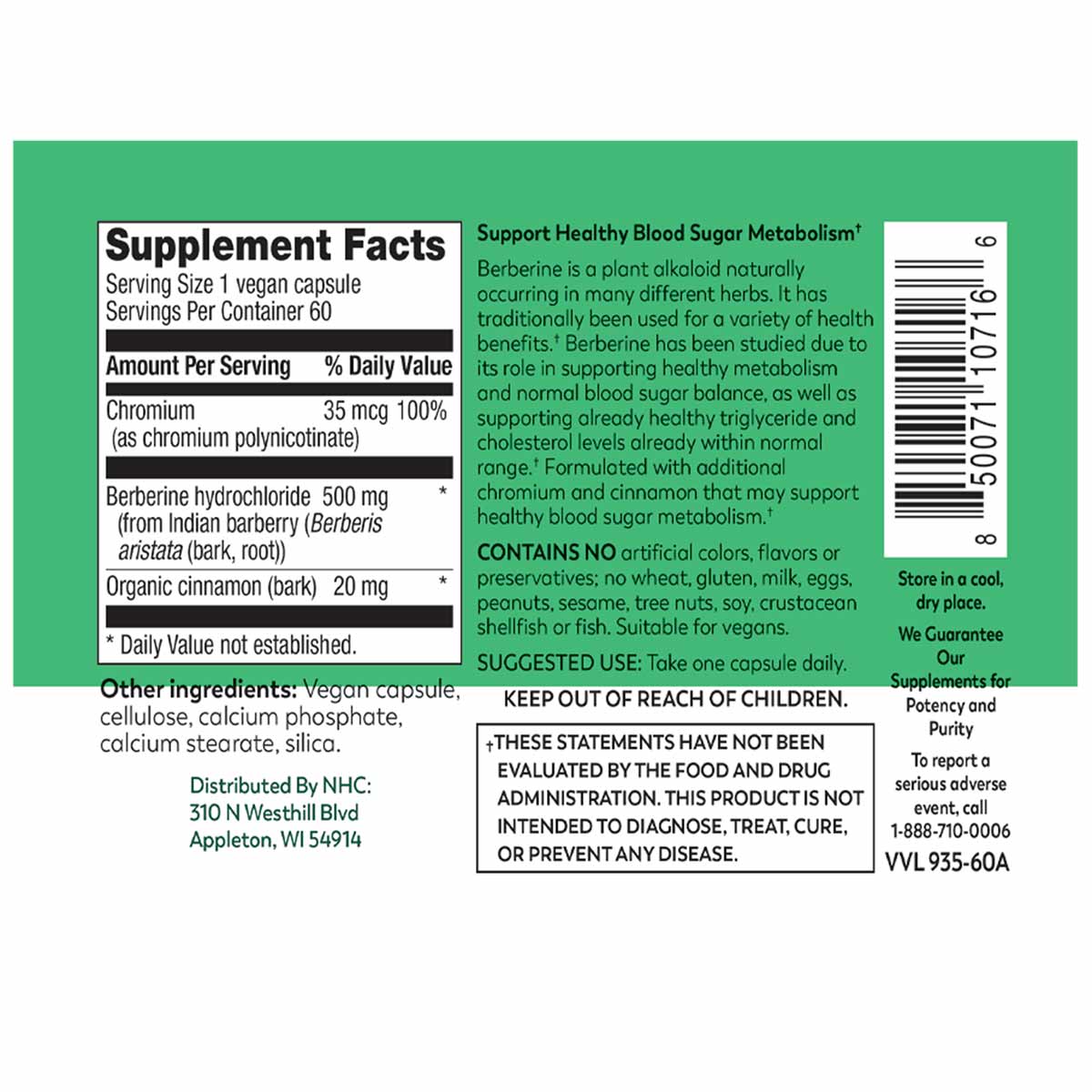 Supplement label for berberine with chromium vegan capsules showing ingredient list, nutrition facts, and product information