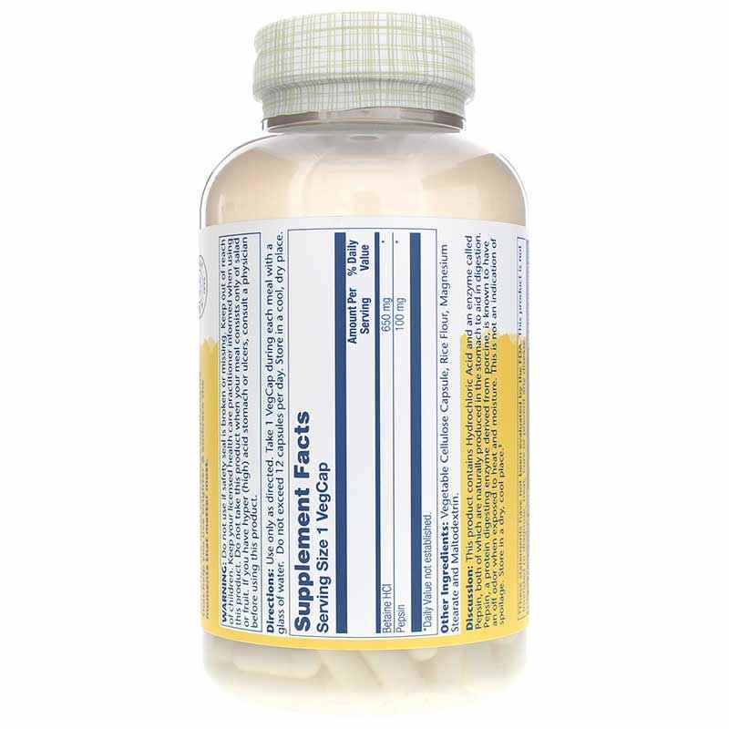 Betaine HCL 650 Mg with Pepsin, 250 Veg Capsules, by Solaray, image #3