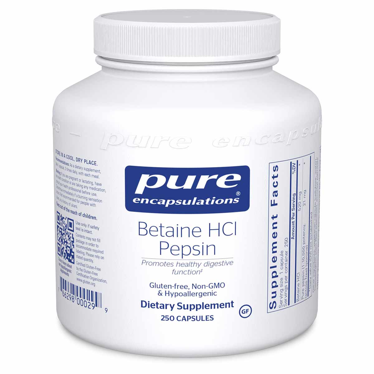 White bottle of Pure Encapsulations Betaine HCl Pepsin dietary supplement with white cap and blue label, containing 250 capsu