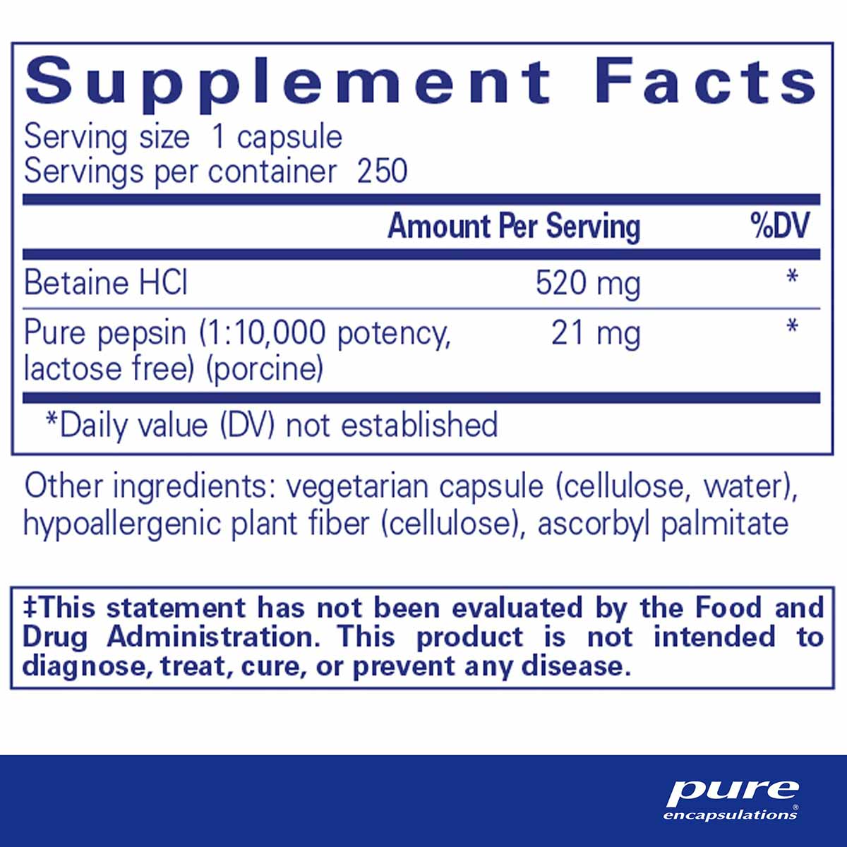 Supplement Facts label for Betaine HCl 250 capsules showing 520 mg per serving with pure pepsin and other ingredients listed.