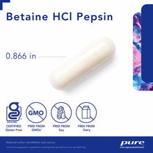 White capsule labeled Betaine HCl Pepsin, 0.866 inches, with certification icons for gluten-free, GMO-free, soy-free, and dai