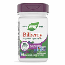 White bottle with purple cap containing Nature's Way Bilberry Standardized Extract, 60 vegan capsules.