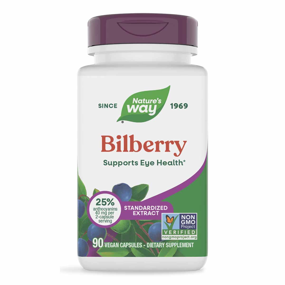 Nature's Way Bilberry supplement bottle with purple cap containing 90 vegan capsules and standardized extract.