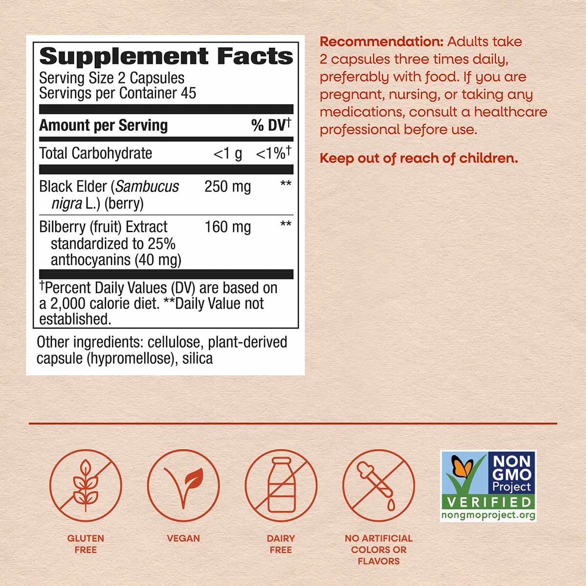 Supplement label showing bilberry extract and black elder ingredients with serving details, usage recommendations, and certif