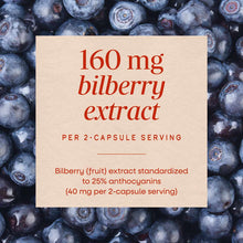 Cream-colored label with red text displaying bilberry extract dosage information overlaid on fresh bilberries.