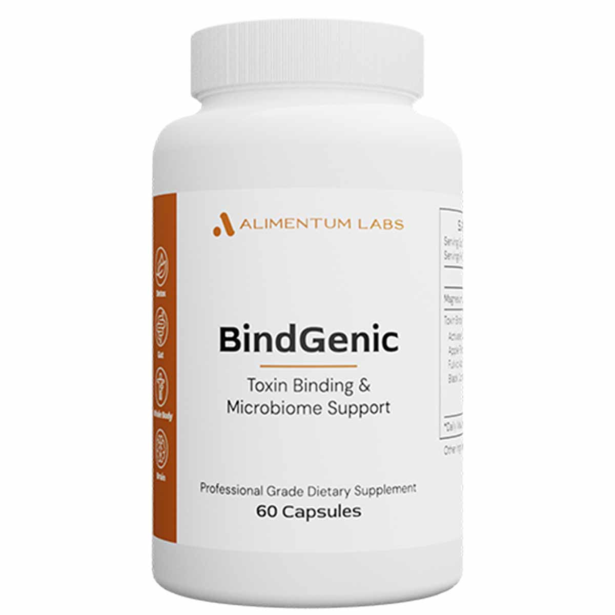 White bottle of BindGenic dietary supplement by Alimentum Labs containing 60 capsules with orange stripe on label.