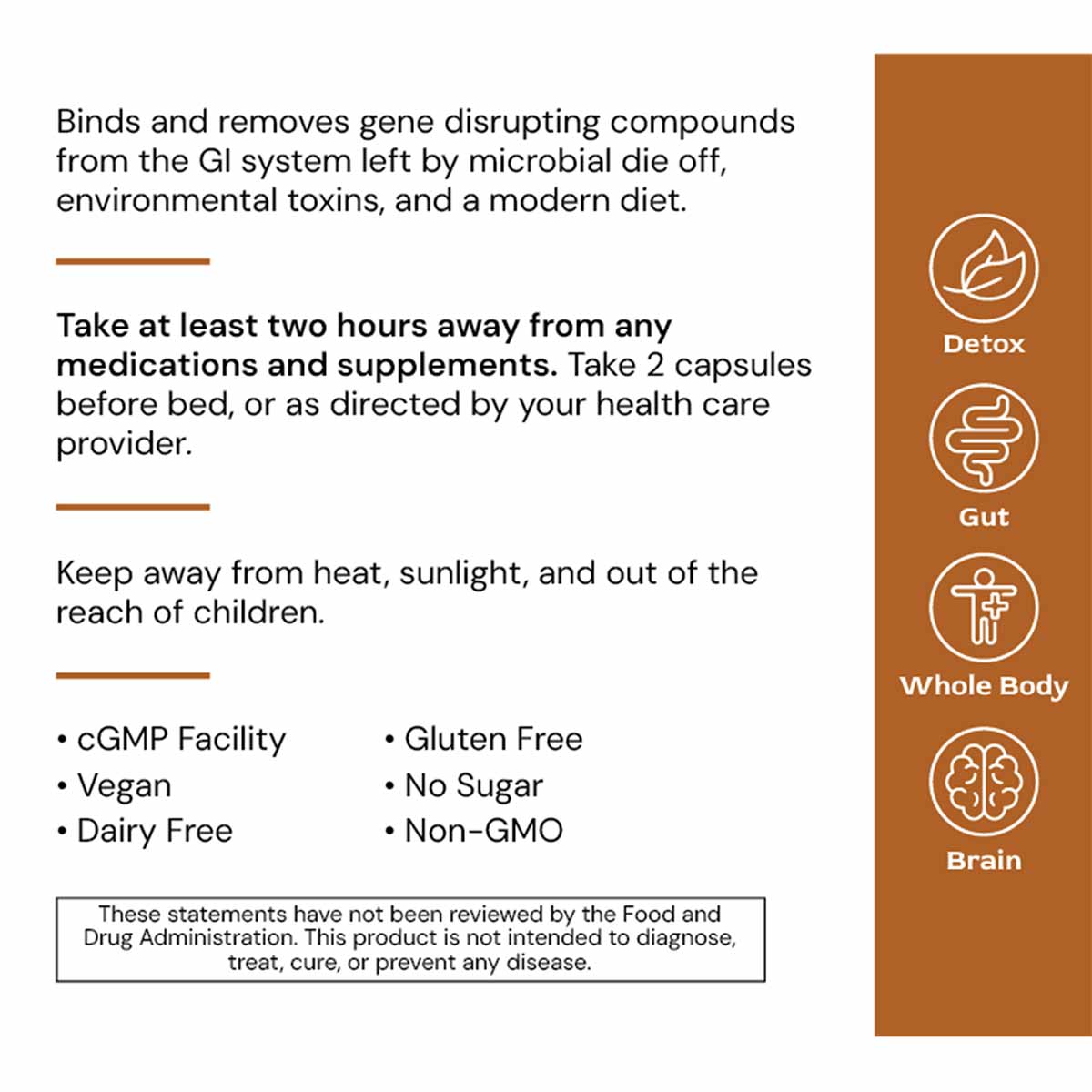 BindGenic 60 capsules bottle by Alimentum Labs with brown label and detox, gut, whole body, and brain icons.