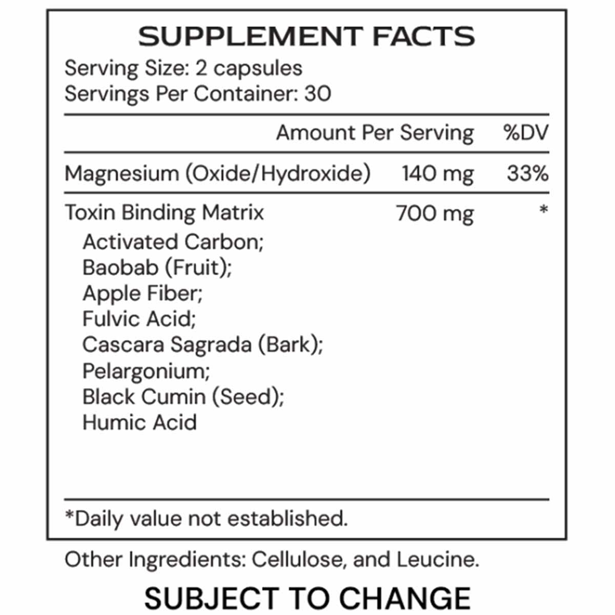 Supplement Facts label for BindGenic capsules listing magnesium, toxin binding matrix ingredients, and other components.