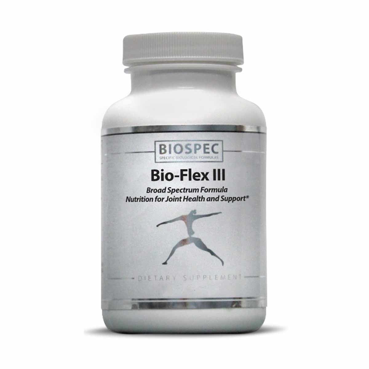 White dietary supplement bottle labeled Bio-Flex III by BioSpec with gray screw-on cap and figure in stretching pose on label
