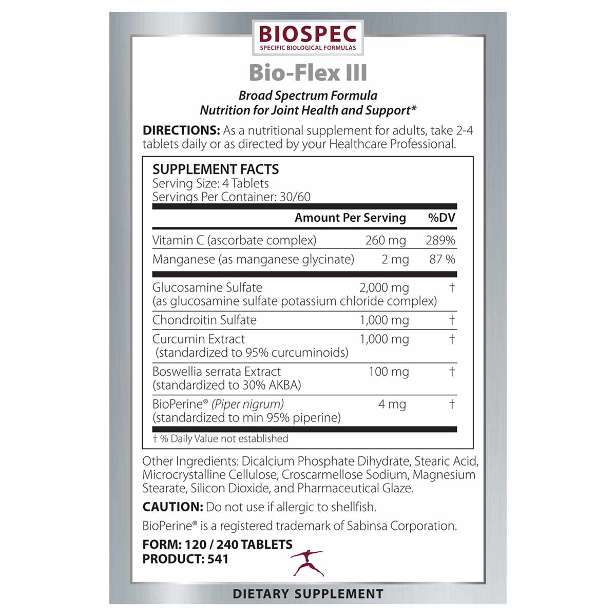 Bio-Flex III supplement label showing nutrition facts, ingredients, and directions for joint health support.