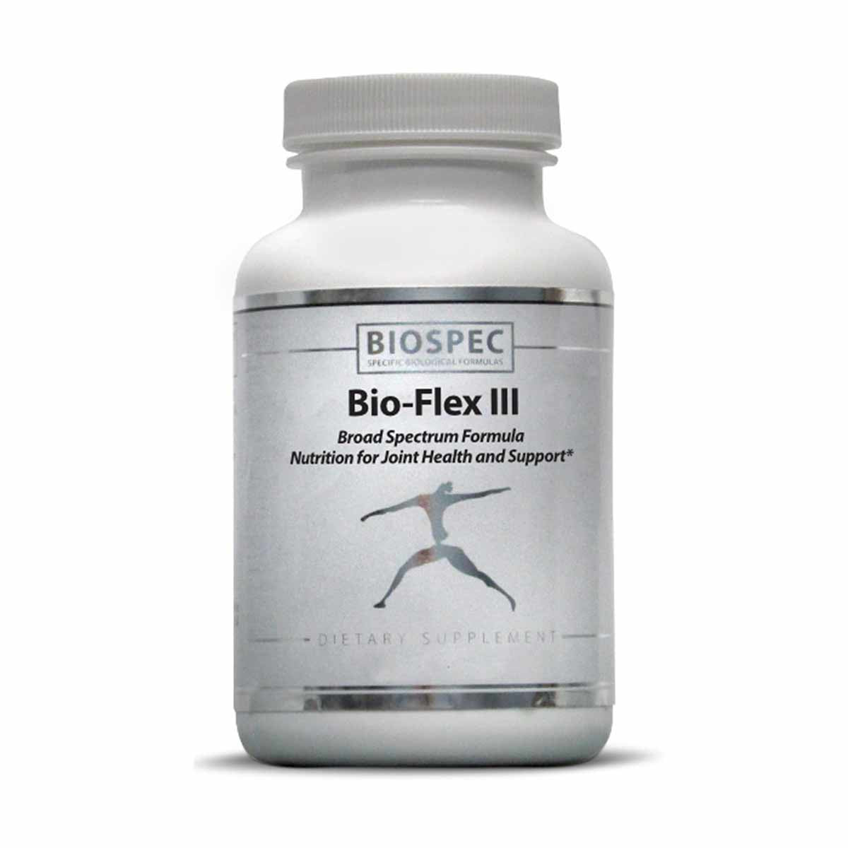 White supplement bottle with gray screw cap labeled Bio-Flex III by BioSpec, featuring a silhouette figure in a yoga pose.