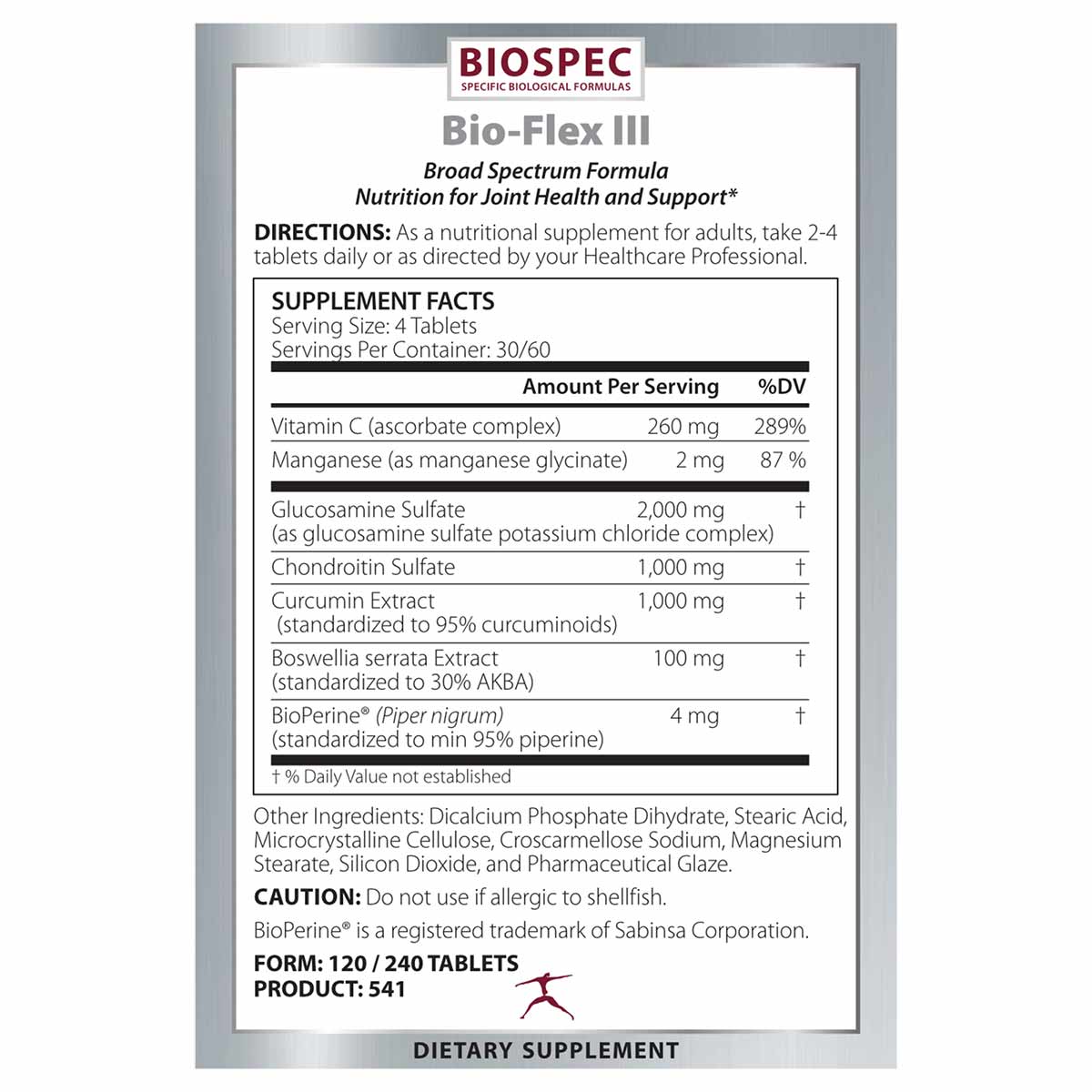 Bio-Flex III supplement label by BioSpec showing directions, supplement facts with joint health ingredients, and dosage infor