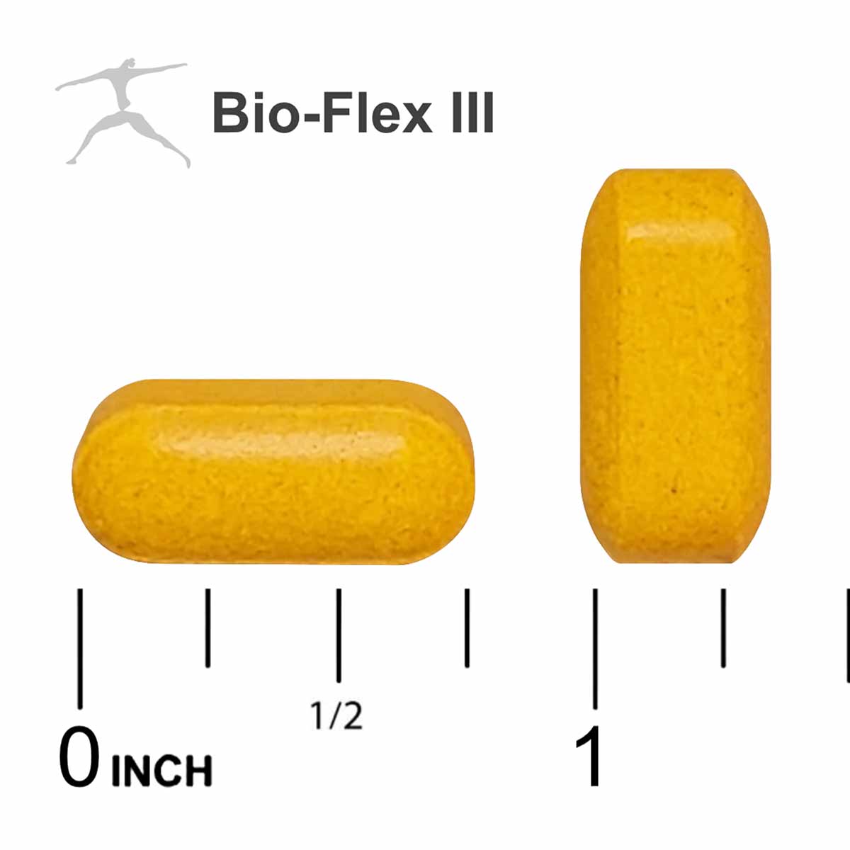 Two yellow capsules shown at actual size with measurement scale, one oval-shaped and one cylindrical.