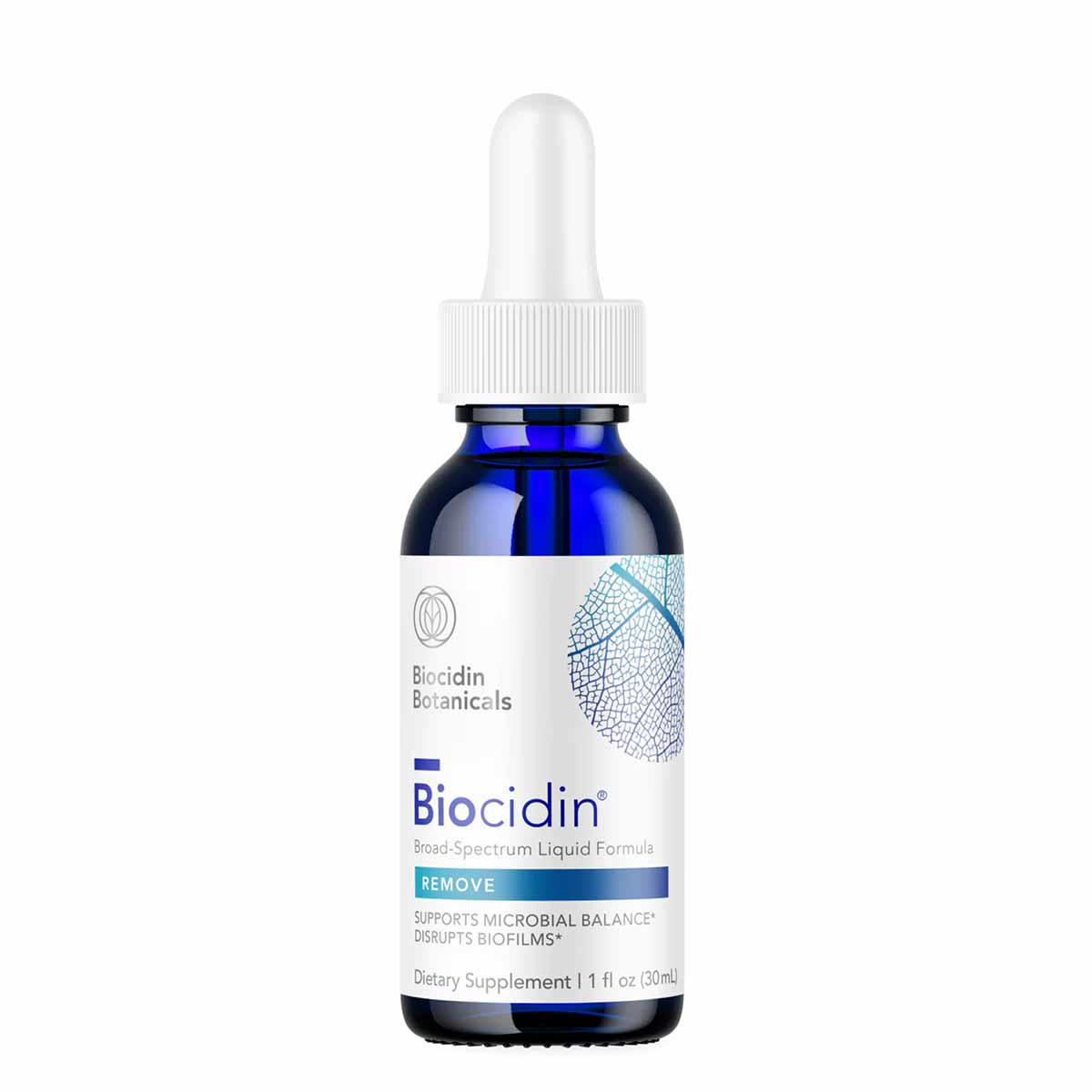 Dark blue glass dropper bottle with white cap and label reading "Biocidin Broad-Spectrum Liquid Formula" by Biocidin Botanica
