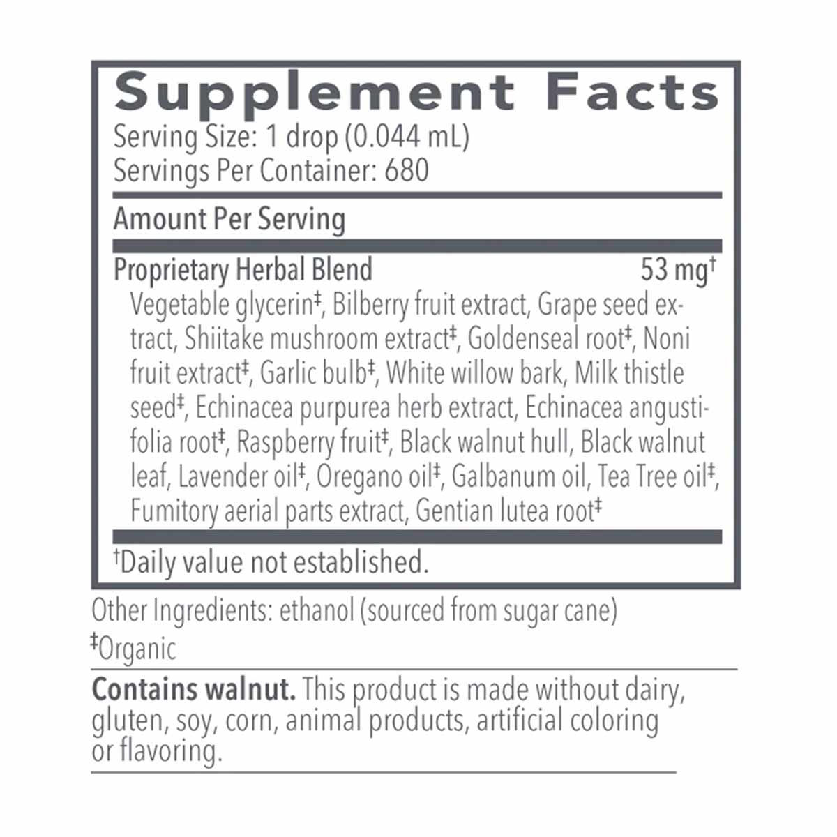 Supplement Facts label for Biocidin Broad Spectrum Liquid Formula showing serving size, herbal blend ingredients, and allerge