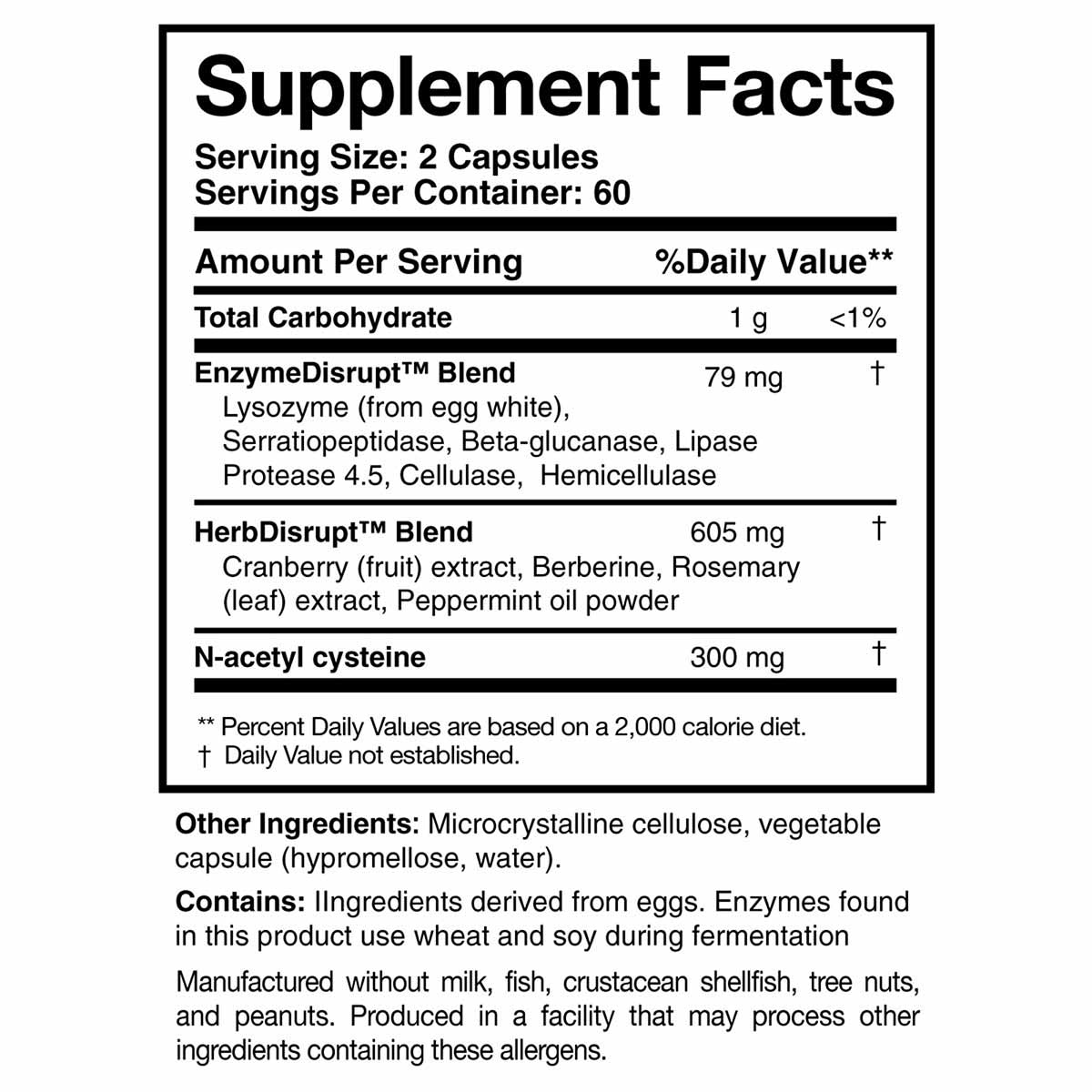 Supplement Facts label for BioDisrupt capsules showing serving size, ingredients including enzyme and herb blends, and allerg