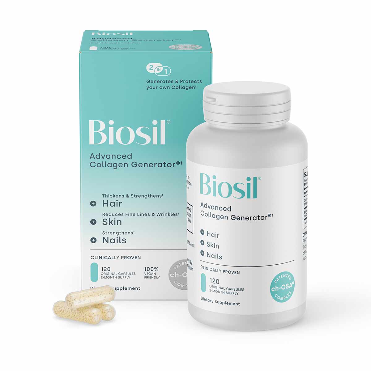 Biosil Advanced Collagen Generator white bottle with turquoise box and loose capsules displayed in front.