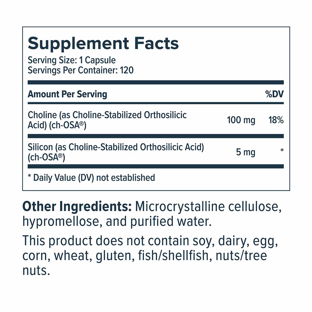 BioSil Collagen Generator supplement facts label showing 120 capsules per container with choline and silicon ingredients.