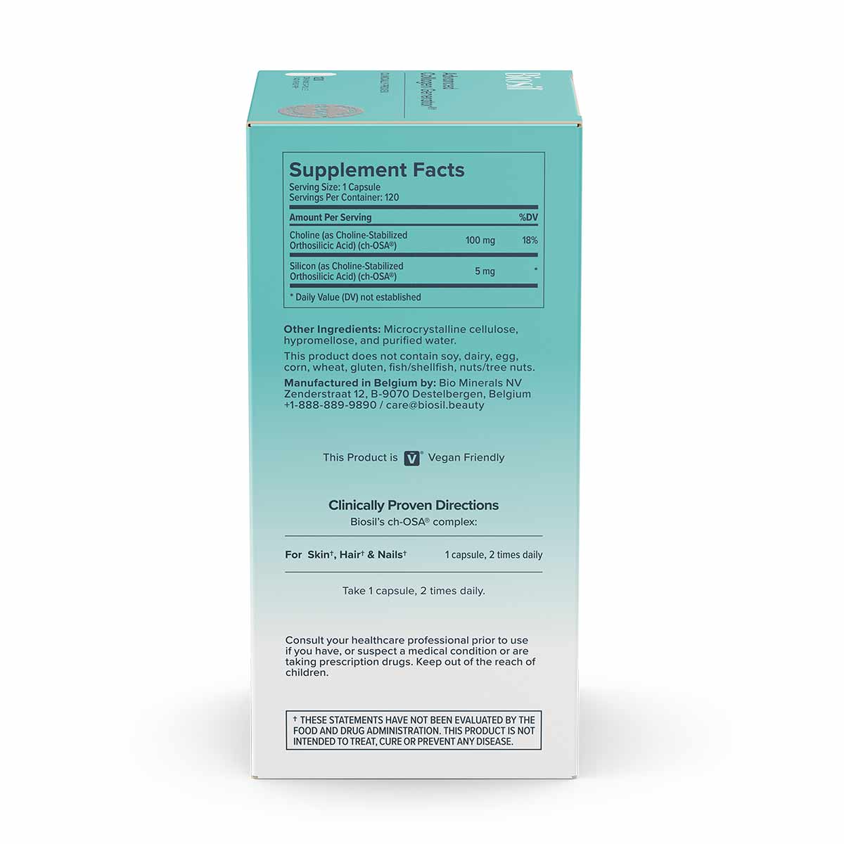 BioSil Collagen Generator supplement bottle showing turquoise packaging with supplement facts label and usage directions.