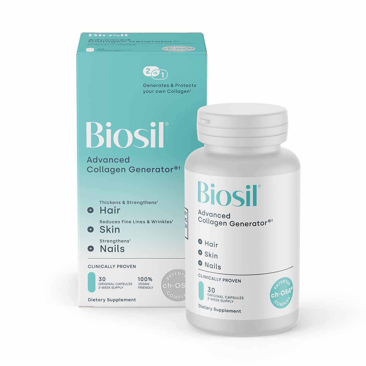 BioSil Advanced Collagen Generator dietary supplement bottle and turquoise box with 30 capsules.
