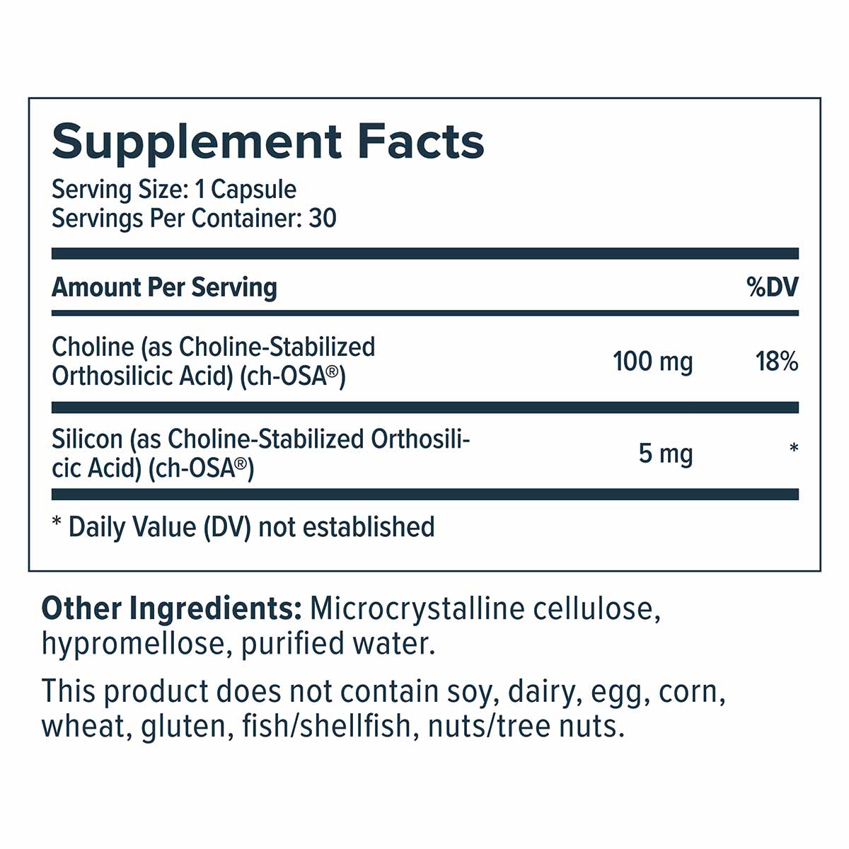 Supplement Facts label for BioSil Collagen Generator showing 30 capsules per container with choline and silicon ingredients.