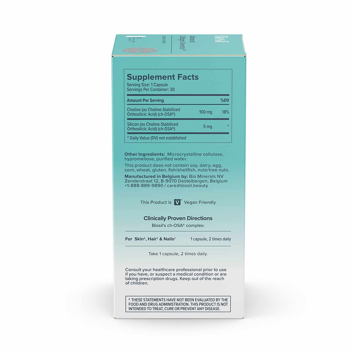 Turquoise supplement bottle showing back label with Supplement Facts, ingredients, vegan certification, and dosage directions