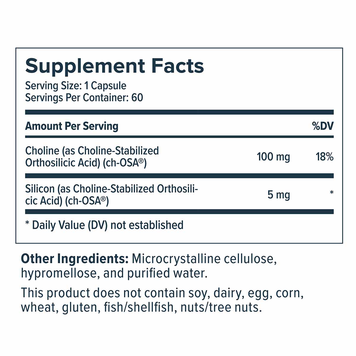 Supplement facts label showing serving size of one capsule with 60 servings per container, listing choline and silicon as act