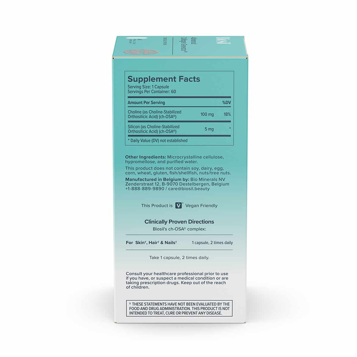 Turquoise supplement box for BioSil Collagen Generator displaying supplement facts, ingredients, and usage directions on back