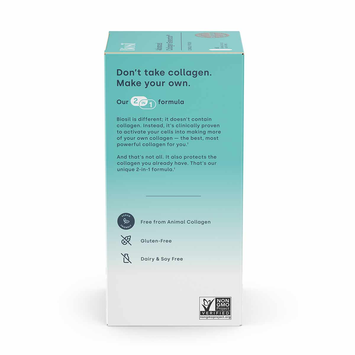 Turquoise BioSil Collagen Generator box with product information and certification badges on front.