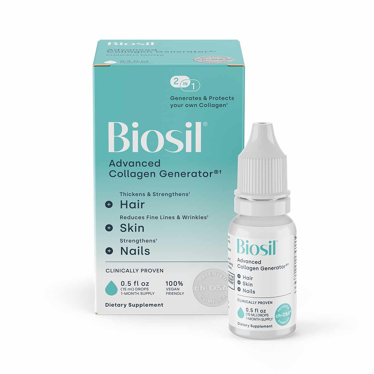 BioSil Advanced Collagen Generator liquid supplement in white dropper bottle with turquoise box packaging.