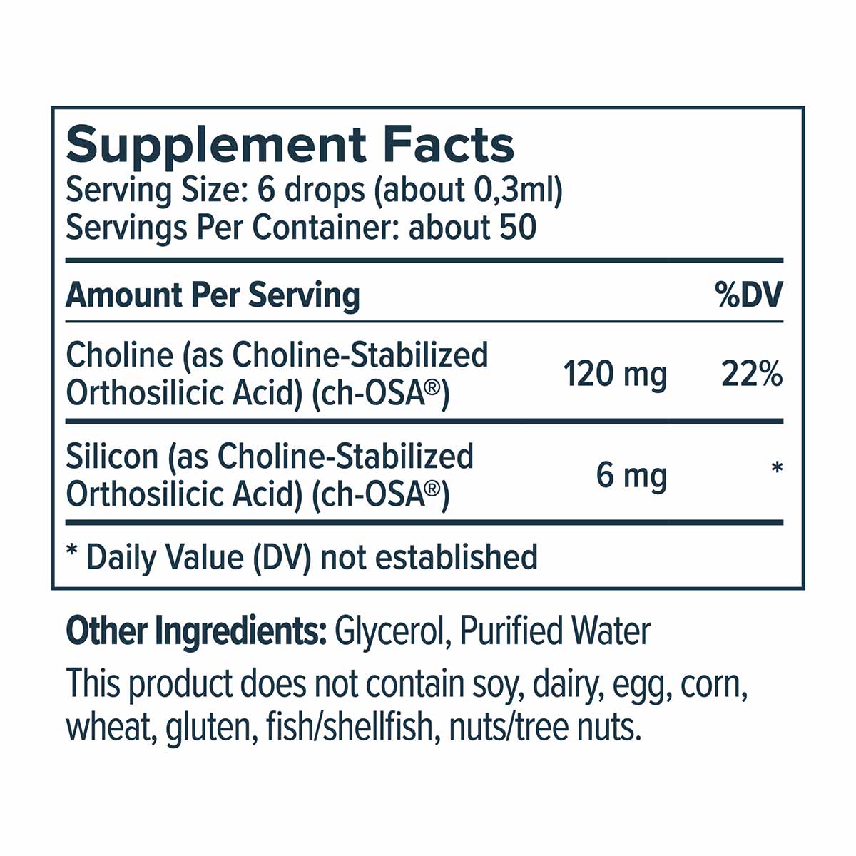 BioSil collagen supplement liquid nutrition facts label showing serving size, ingredient amounts, and allergen information.