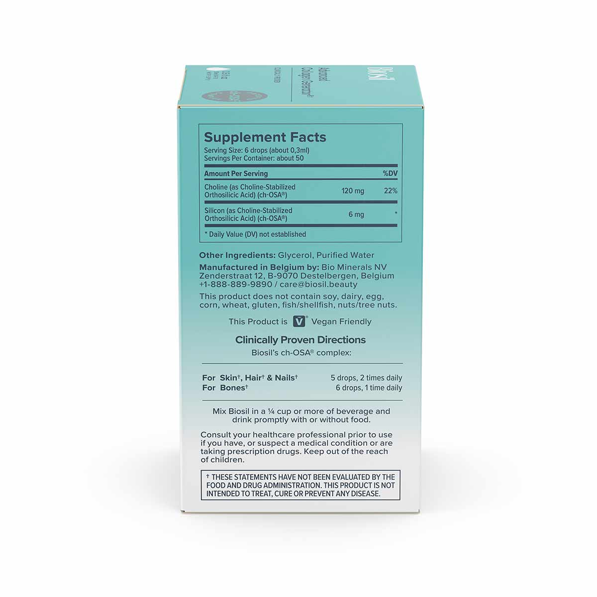Turquoise box of BioSil collagen supplement liquid with supplement facts, ingredients, and usage directions printed on back p