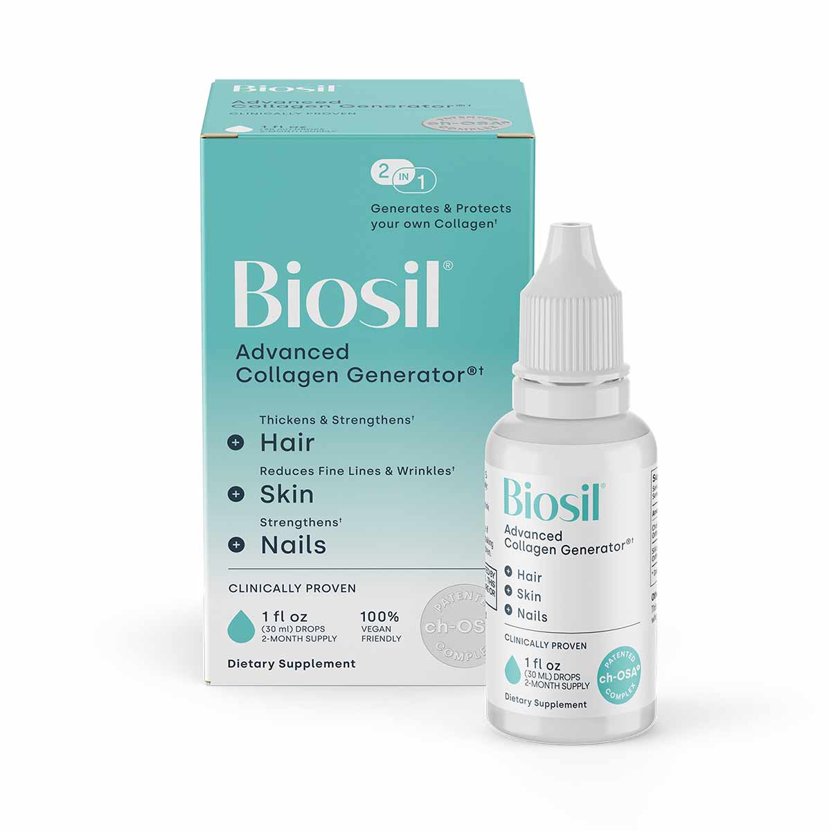 BioSil Advanced Collagen Generator liquid supplement bottle with turquoise box packaging, 1 fl oz dropper bottle.