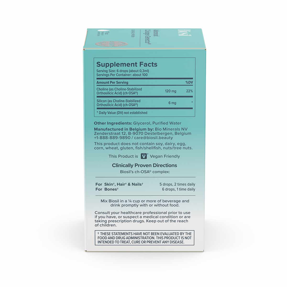 BioSil Advanced Collagen Generator liquid supplement box showing turquoise packaging with supplement facts, ingredients, and 