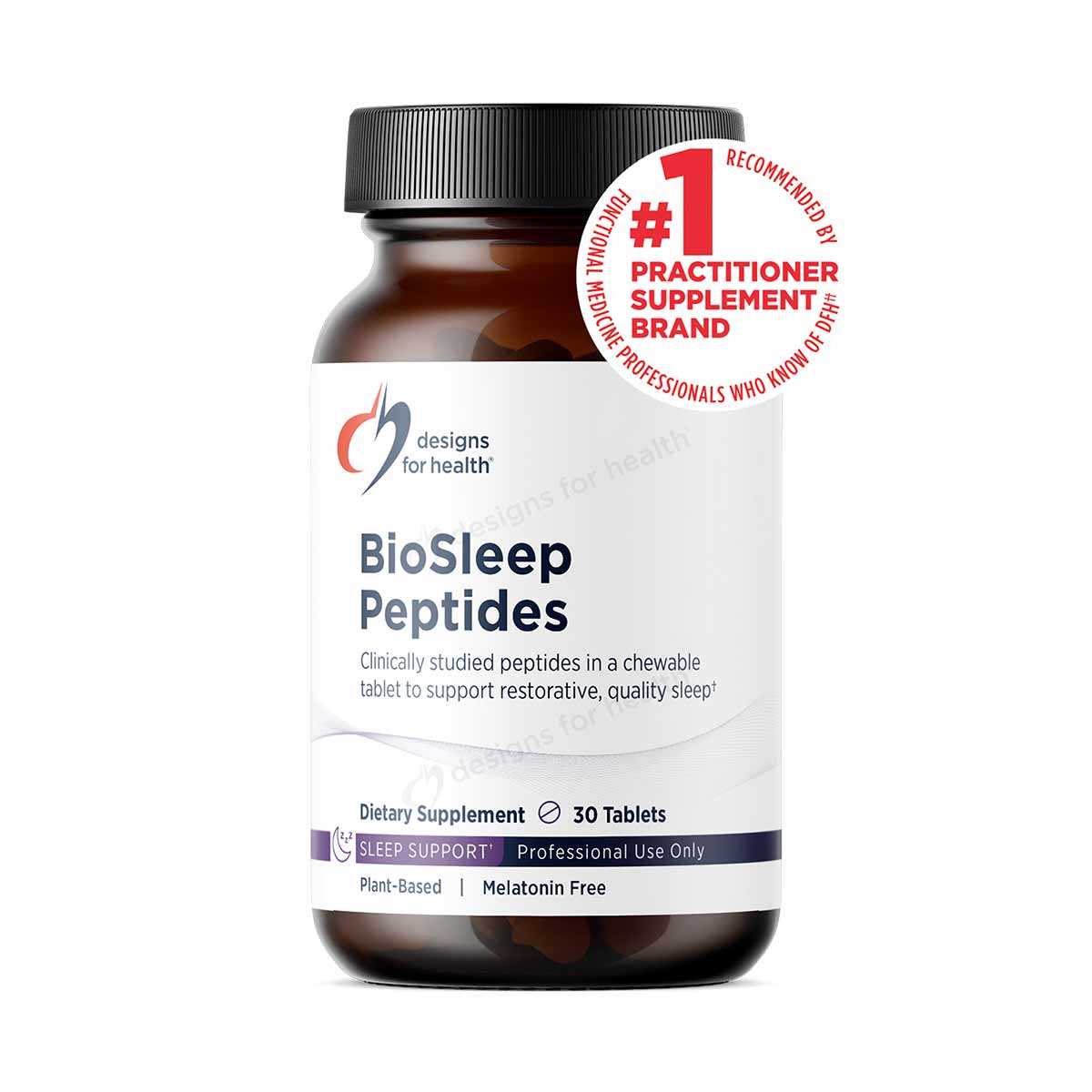 Brown glass bottle of BioSleep Peptides by Designs For Health dietary supplement with black cap and white label, 30 tablets.