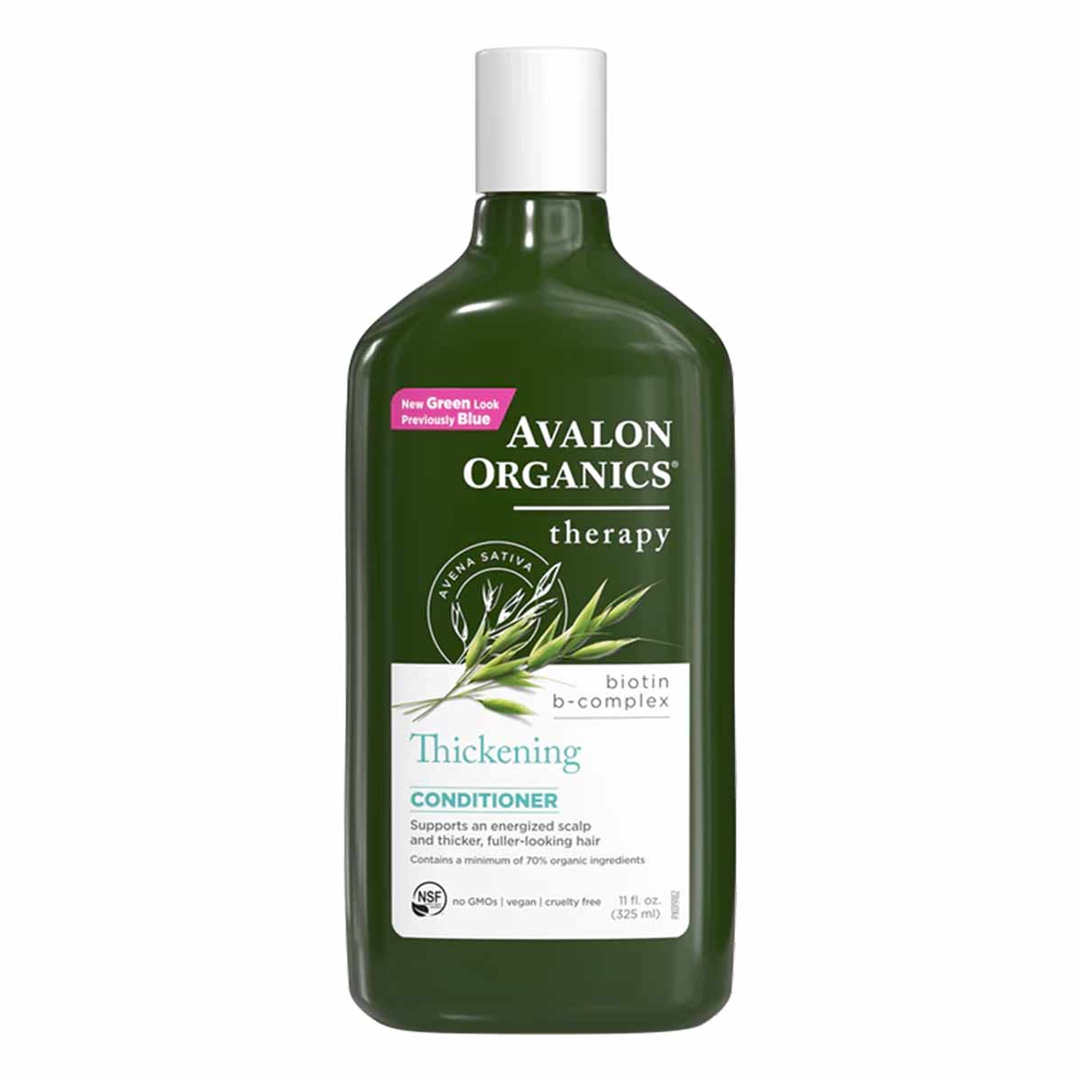 Avalon Organics Biotin B-Complex Thickening Conditioner in dark green bottle with white cap and product label.