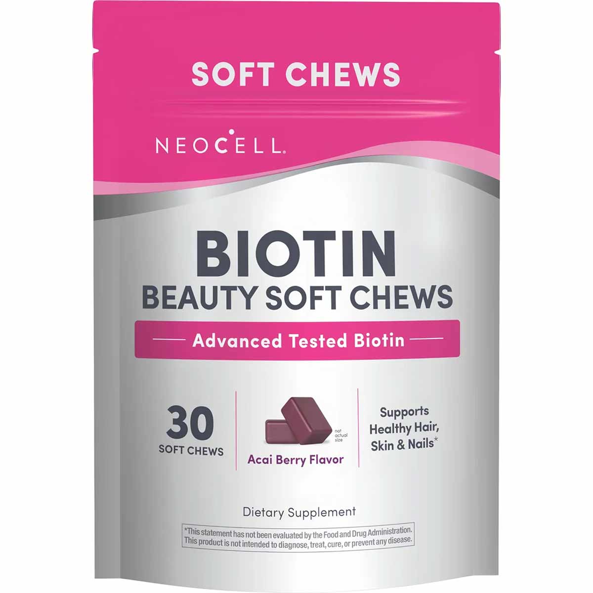 NeoCell Biotin Beauty Soft Chews package with pink and white design, containing 30 acai berry flavored chews.